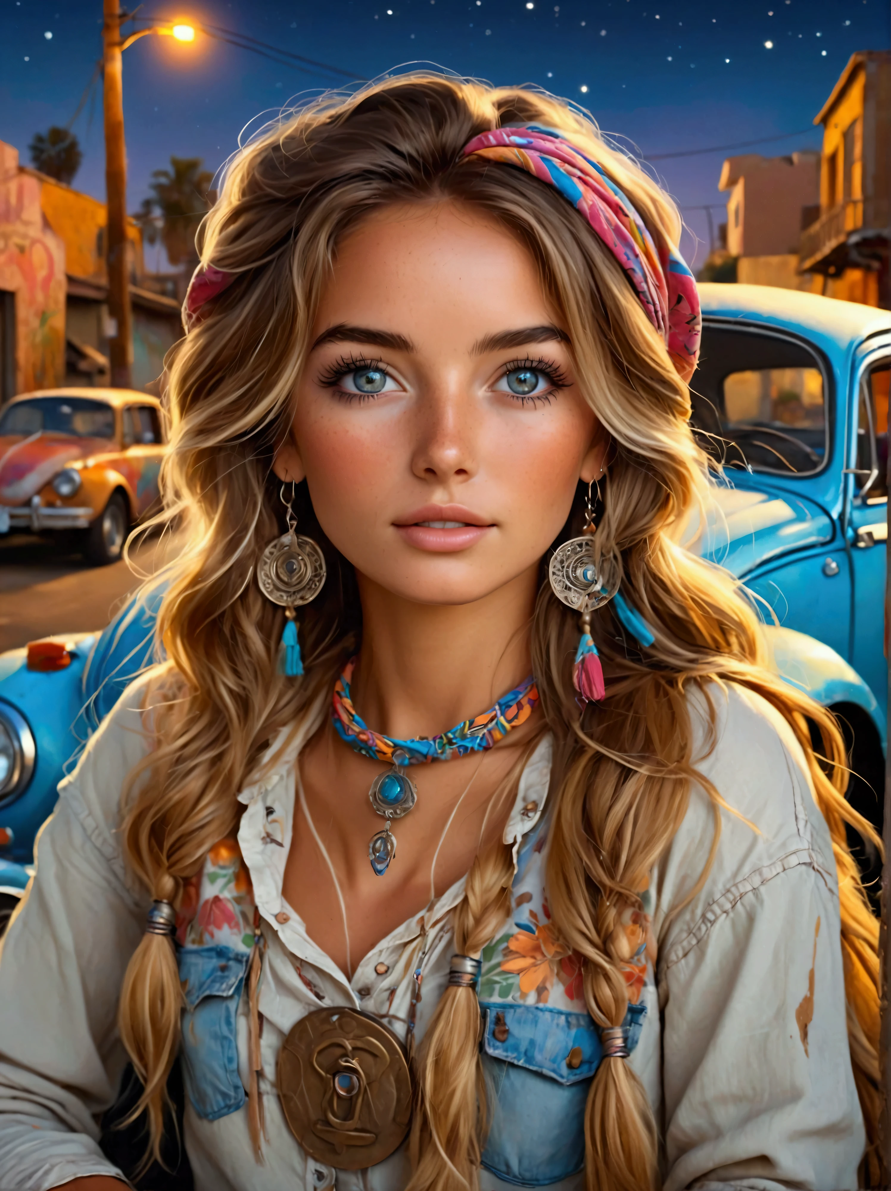 Create a beautiful woman, a work of art in the best quality, perfect face, lightly tanned, pearlescent effect, clear and detailed eyes, detailed eyelashes and eyebrows, full mouth, marked makeup, blush and mascara, messy long light brown hair, earrings and necklaces in colorful hippie style strings, colorful bandana on the head, locks on the face, soft white floral blouse, crumpled on the shoulders and tied in the front with a string, blue jeans with rips, hippie style painting, worn leather belt with bronze buckle, perfect half body, sitting on top of a VW beetle style painted in colorful graffiti, 70s. a meeting of old cars ((at night, street in an old neighborhood in Los Angeles)), big moon between the buildings, UHD.