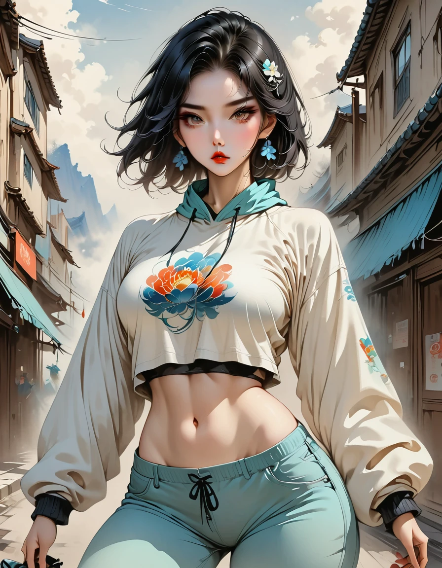 model, digital illustration, (Masterpiece:1.2), High quality, Detailed eyes, Very beautiful girl., short hair, Street wear, thick, (abdomen:1.2), (Bloom:1.2)