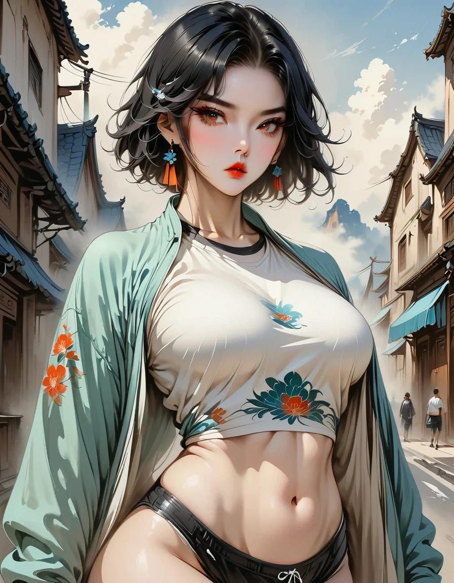 model, digital illustration, (Masterpiece:1.2), High quality, Detailed eyes, Very beautiful girl., short hair, Street wear, thick, (abdomen:1.2), (Bloom:1.2)