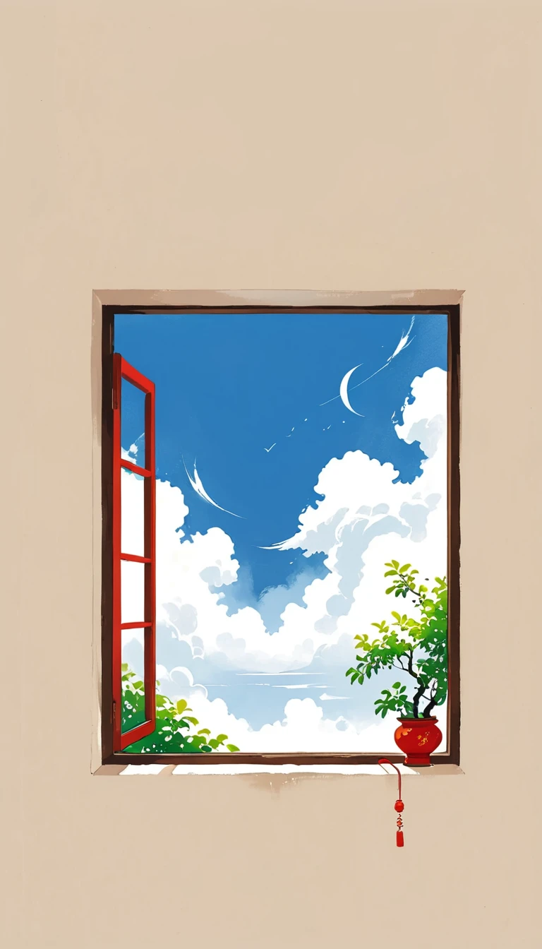 A painting，中国水墨画sketch：Light Ink，Lowercase，sketch，artistic conception，window，cloud，Minimalism，(((Negative Space,Bottom left composition)))