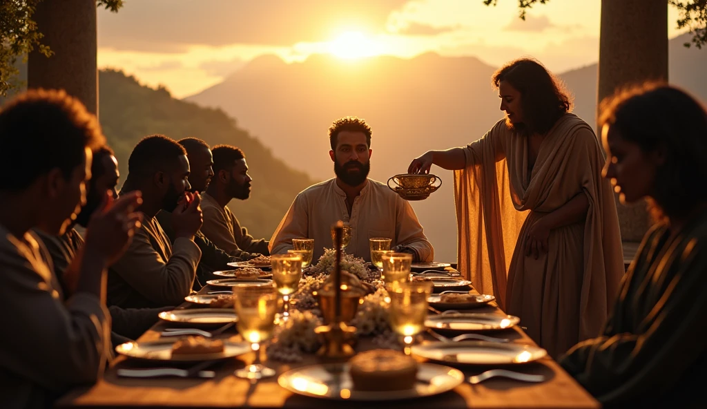 "In an intense and evocative cinematic scene, imagine a luxurious banquet in a vast outdoor space, illuminated by the soft evening light. At the head of the table, richly decorated with opulent plates and crystal glasses, a man with a serene and confident expression sits, surrounded by an atmosphere of peace, despite the threatening presence of shadowy figures in the background, representing their enemies. The table is surrounded by lush scenery, with mountains in the distance and a sky in shades of orange and purple. In a symbolic gesture, a benevolent figure approaches, anointing the man's head with oil, as a cup overflows, symbolizing abundance and blessings. The image captures the tension between adversity and inner peace, reflecting the profound message of divine protection and provision."