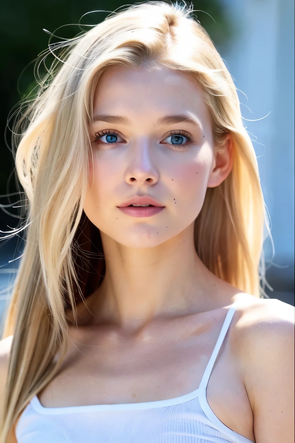 Generates a ultra realistic white girl with wavy blonde hair with blue eyes of about 50 kg and who is 1 m 65 from Swedish origin with a very pretty face and a white crop top 