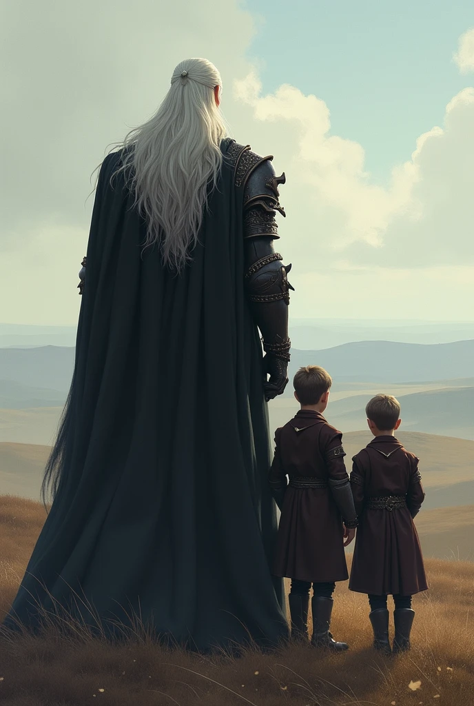 Three people with their backs turned, Father and sons,A large white-haired man with black armor, below the ren, 2 twin 5-yeadren lookinthe horizon.