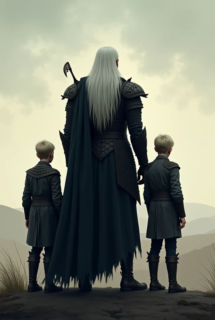 Three people with their backs turned, Father and sons,A large white-haired man with black armor, below the children, 2 twin 5-year-old children looking at the horizon.