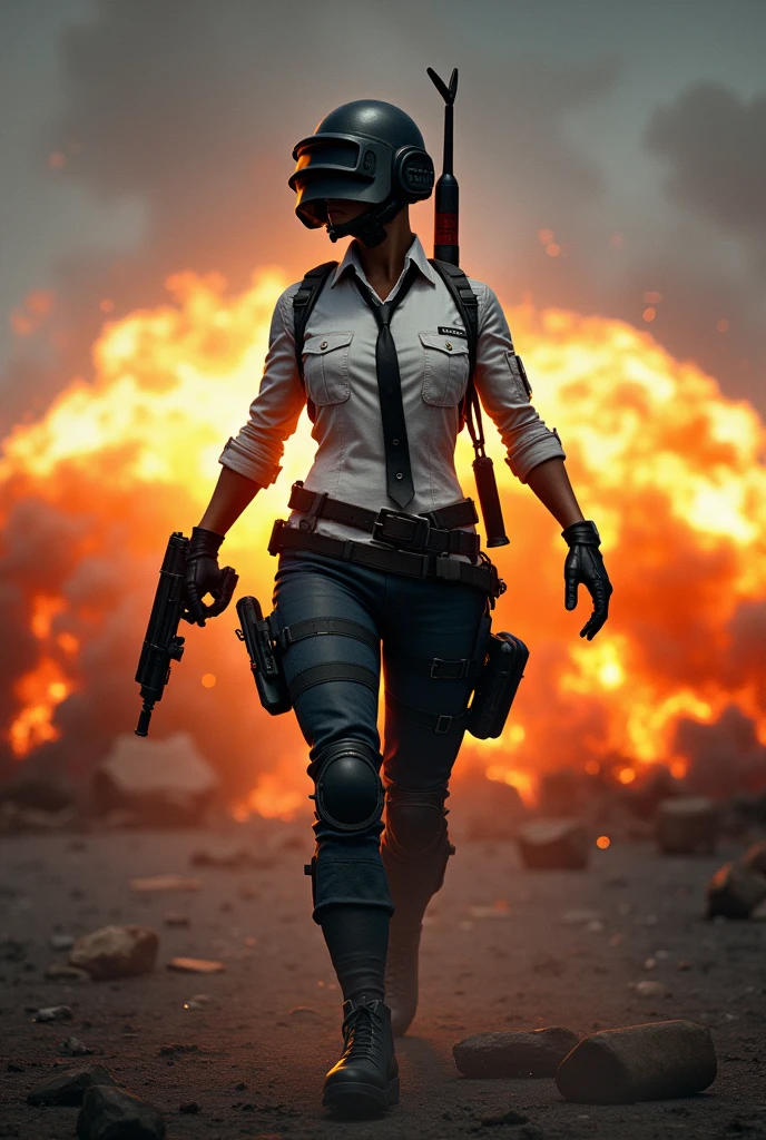 Badass Female black darkskin pubg character walking away from explosion. Put the words "Delgato" in the background on her badge