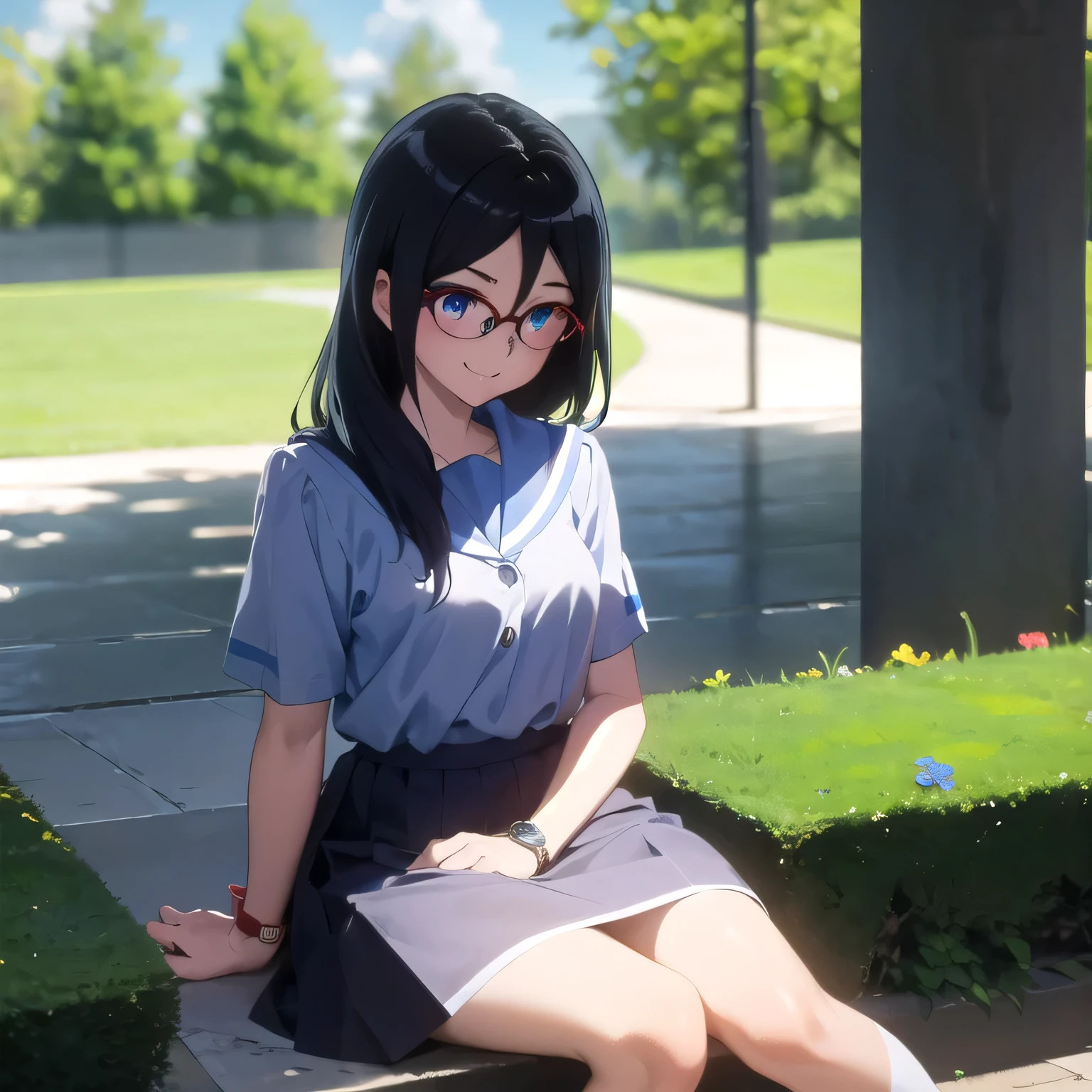 คุณภาพดีatสุด, Masterpiece, high resolution, alone, {Thanaka_Asuka_euphonium sound:1.15} (garden:1.13), , black_hair, long_hair, glasses, light blue_eyes,  red frame_glasses, beyond the edge_glasses, semi borderless_glasses, hair_between_eyes, 1 woman,  watch_at_ผู้watch, smile,  (High school student uniform),white short sleeve shirt,(กระโปรงlongจับจีบblack:1.2),long hair,hair_floating,ฉากatน่าทึ่ง
 