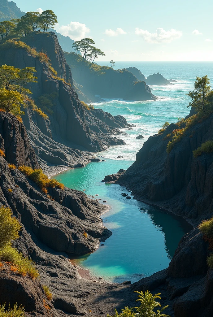 Une île volcanique, aux paysages lunaires. Des coulées de lave fossilisées serpentent à travers la végétation. Les sources d'eau chaude offrent un bain naturel relaxant. Un lieu pour les amoureux de la nature sauvage et des sensations fortes. vue depuis la plage