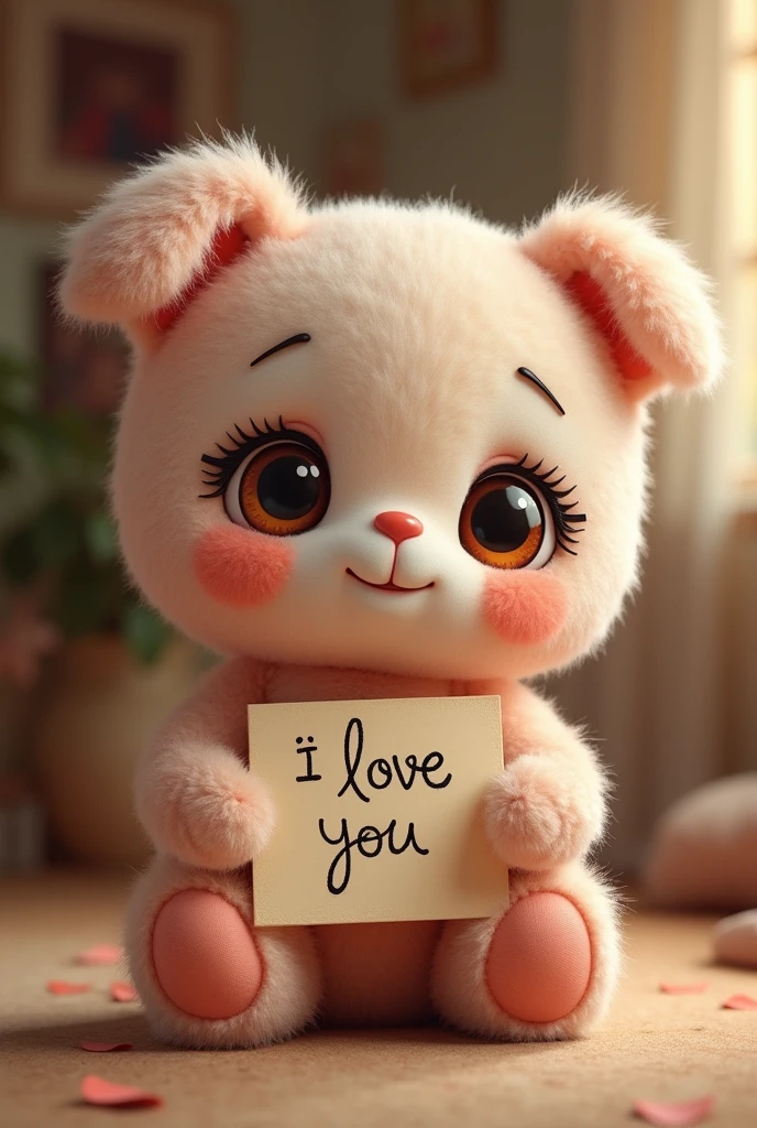 A cute doll holding a sign saying I love you