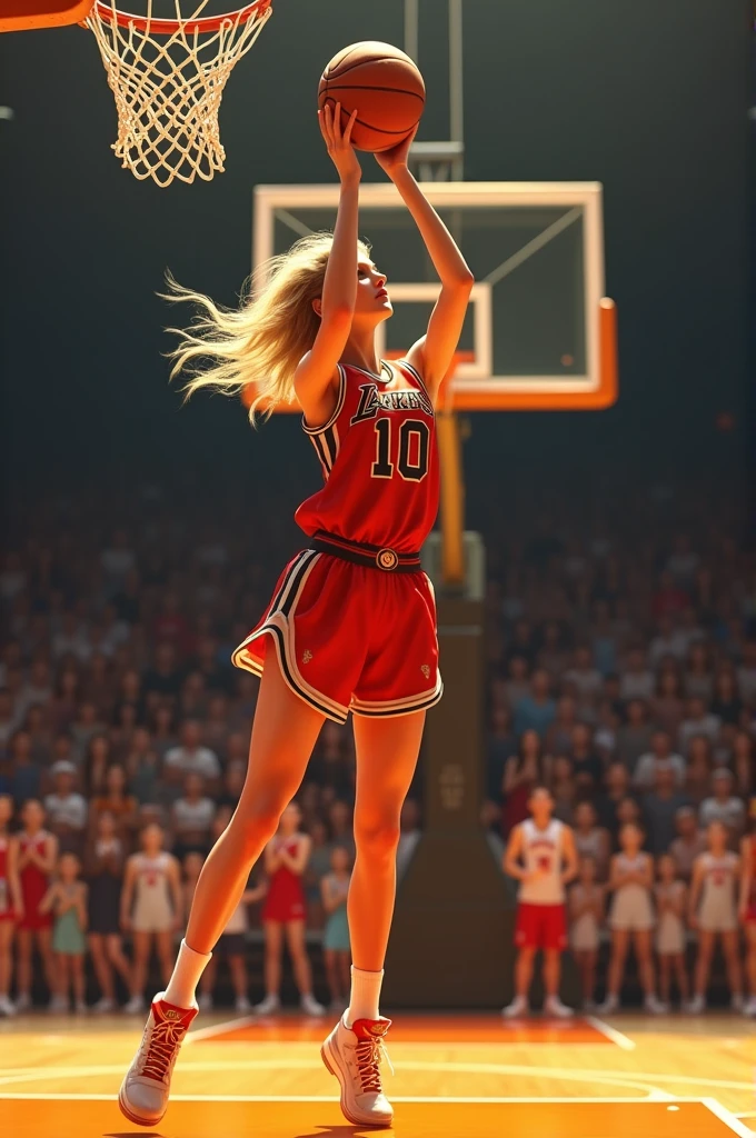 Taylor Swift qui porte un maillot de basket numéro 10 et qui tir de la ligne à trois points dans un panier doré et brillant