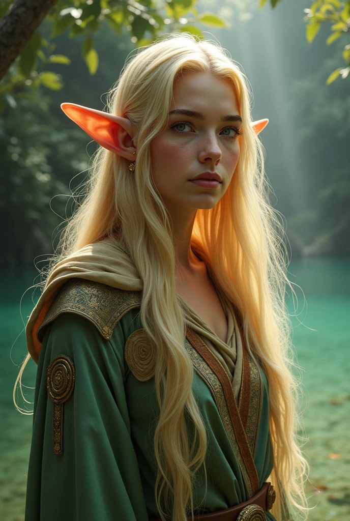 Photorealistic, DonMM1y4XL druidic robes, blonde hair, elf ears, time-travel scenarios, lagoon, Upper body, EMOTION