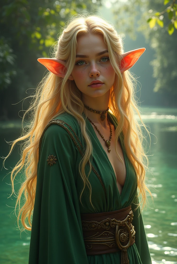 Photorealistic, DonMM1y4XL druidic robes, blonde hair, elf ears, time-travel scenarios, lagoon, Upper body, EMOTION