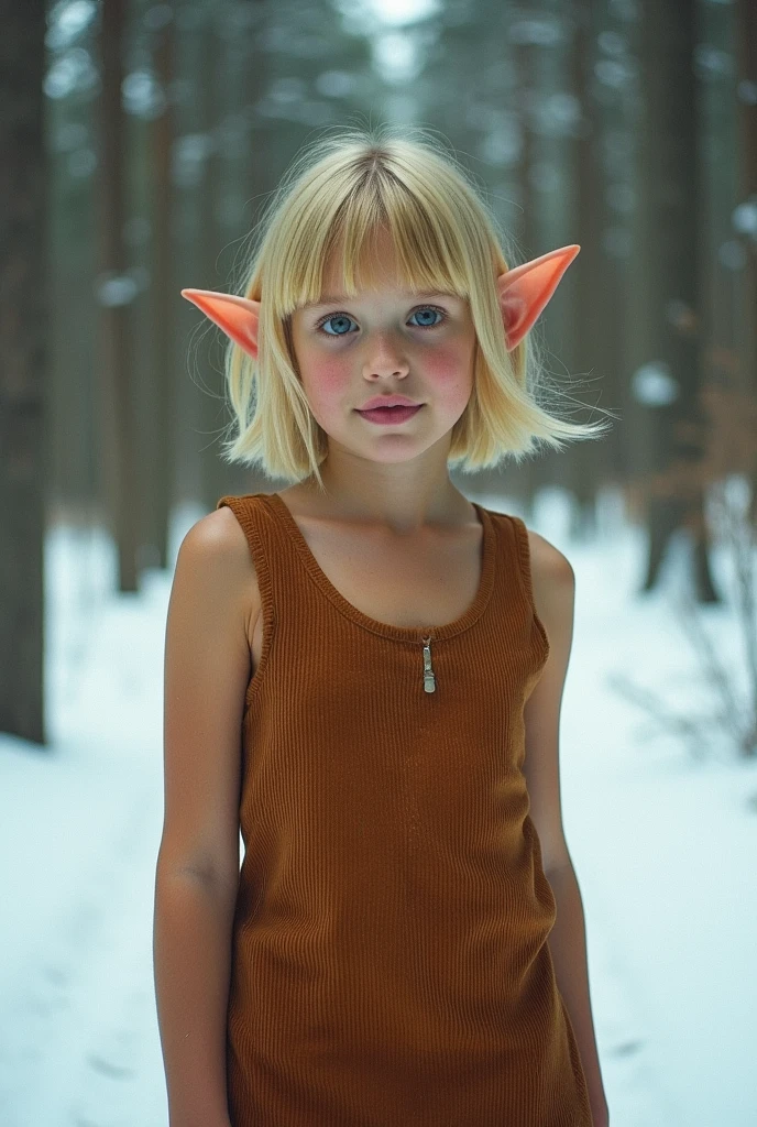 analog film photo, photo of a young elven girl, elf ears, azure eyes, shaggy blonde bob cut, sun-tanned complexion, tall stature, athletic, voluptuous hourglass figure, full hips, plump round buttocks, wearing a corduroy mini-dress, strolling through a snowy boreal forest, RAW Photograph, dslr, soft lighting, high quality, film grain, Fujifilm XT3, detailed skin with visible pores, insane details, masterpiece, 8k, 35mm photograph, dslr, kodachrome, faded film, desaturated, grainy, vintage, Lomography, stained, highly detailed, found footage, close-up shot, elven ears