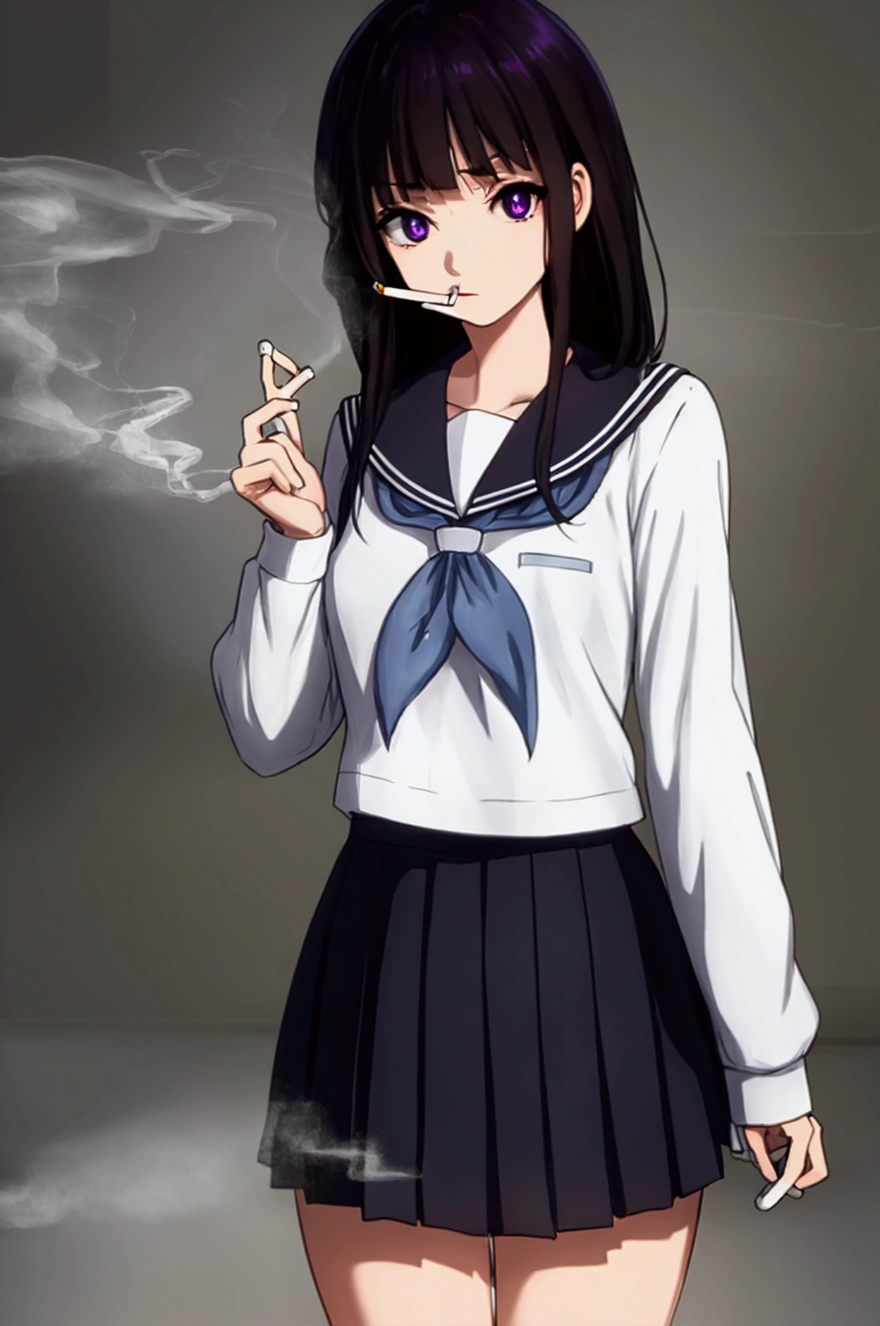 eruchitanda, eru chitanda, long hair, black hair, bangs, blunt bangs, (purple eyes:1.1), sidelocks,
BREAK skirt, school uniform, serafuku, kamiyama high school uniform \(hyouka\), black skirt, long sleeves, black sailor collar,
BREAK indoors, classroom,
BREAK looking at viewer, (cowboy shot:1.5),
BREAK (masterpiece:1.2), best quality, high resolution, unity 8k wallpaper, (illustration:0.8), (beautiful detailed eyes:1.6), extremely detailed face, perfect lighting, extremely detailed CG, (perfect hands, perfect anatomy),(Smoking a cigarette:1.5),Cigarette smoke, A displeased expression, glaring at me