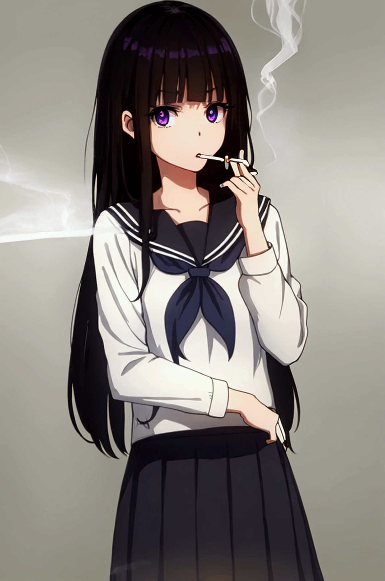 eruchitanda, eru chitanda, long hair, black hair, bangs, blunt bangs, (purple eyes:1.1), sidelocks,
BREAK skirt, school uniform, serafuku, kamiyama high school uniform \(hyouka\), black skirt, long sleeves, black sailor collar,
BREAK indoors, classroom,
BREAK looking at viewer, (cowboy shot:1.5),
BREAK (masterpiece:1.2), best quality, high resolution, unity 8k wallpaper, (illustration:0.8), (beautiful detailed eyes:1.6), extremely detailed face, perfect lighting, extremely detailed CG, (perfect hands, perfect anatomy),(Smoking a cigarette:1.5),Cigarette smoke, A displeased expression, glaring at me