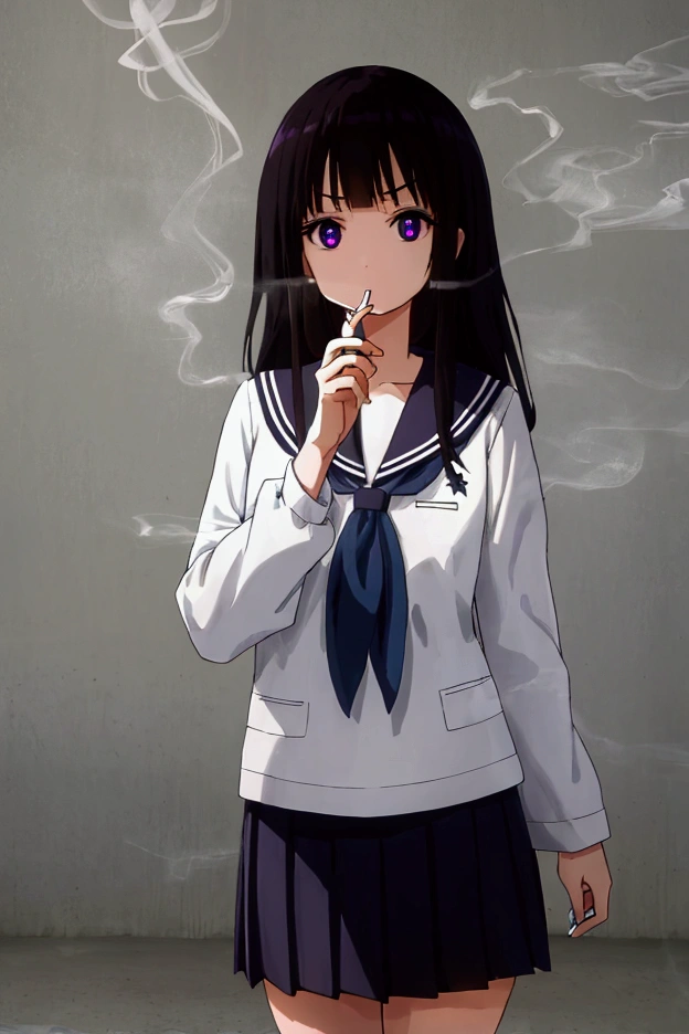 eruchitanda, eru chitanda, long hair, black hair, bangs, blunt bangs, (purple eyes:1.1), sidelocks, 
BREAK skirt, school uniform, serafuku, kamiyama high school uniform \(hyouka\), black skirt, long sleeves, black sailor collar,
BREAK indoors, classroom,
BREAK looking at viewer, (cowboy shot:1.5),
BREAK (masterpiece:1.2), best quality, high resolution, unity 8k wallpaper, (illustration:0.8), (beautiful detailed eyes:1.6), extremely detailed face, perfect lighting, extremely detailed CG, (perfect hands, perfect anatomy),(Smoking a cigarette:1.5),Cigarette smoke, A displeased expression, glaring at me