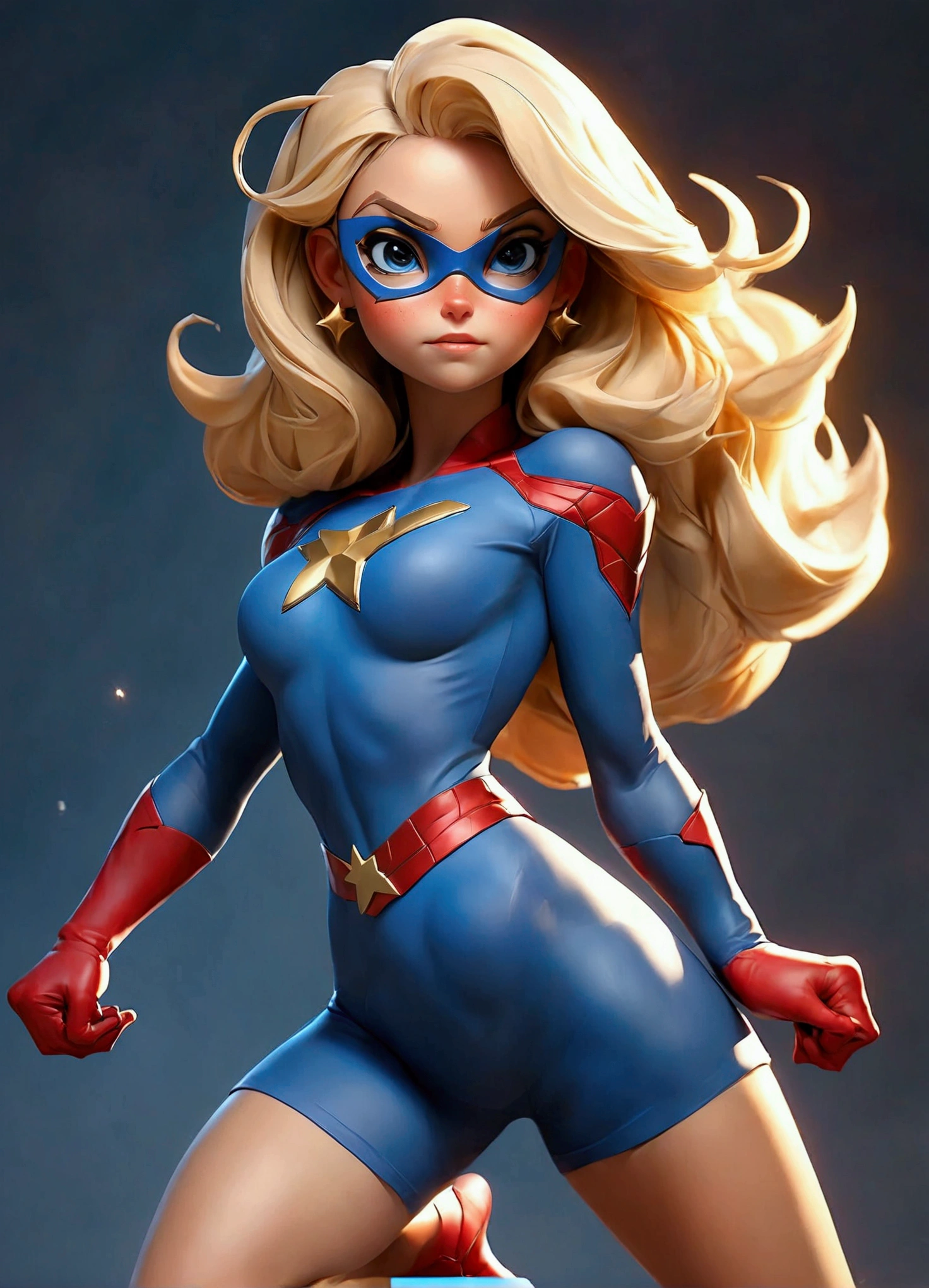 a woman (Stargirl as superhero suit )) (Best quality, high resolution: 1.2), Ultra-detailed, (Realistic: 1.37) brunette, medium blonde hair, blue eyes, with black glasses round small chest, 30 years, full body, ((( big boobs sexy))) logo of star  head to toe full body fit picture pose of dance
