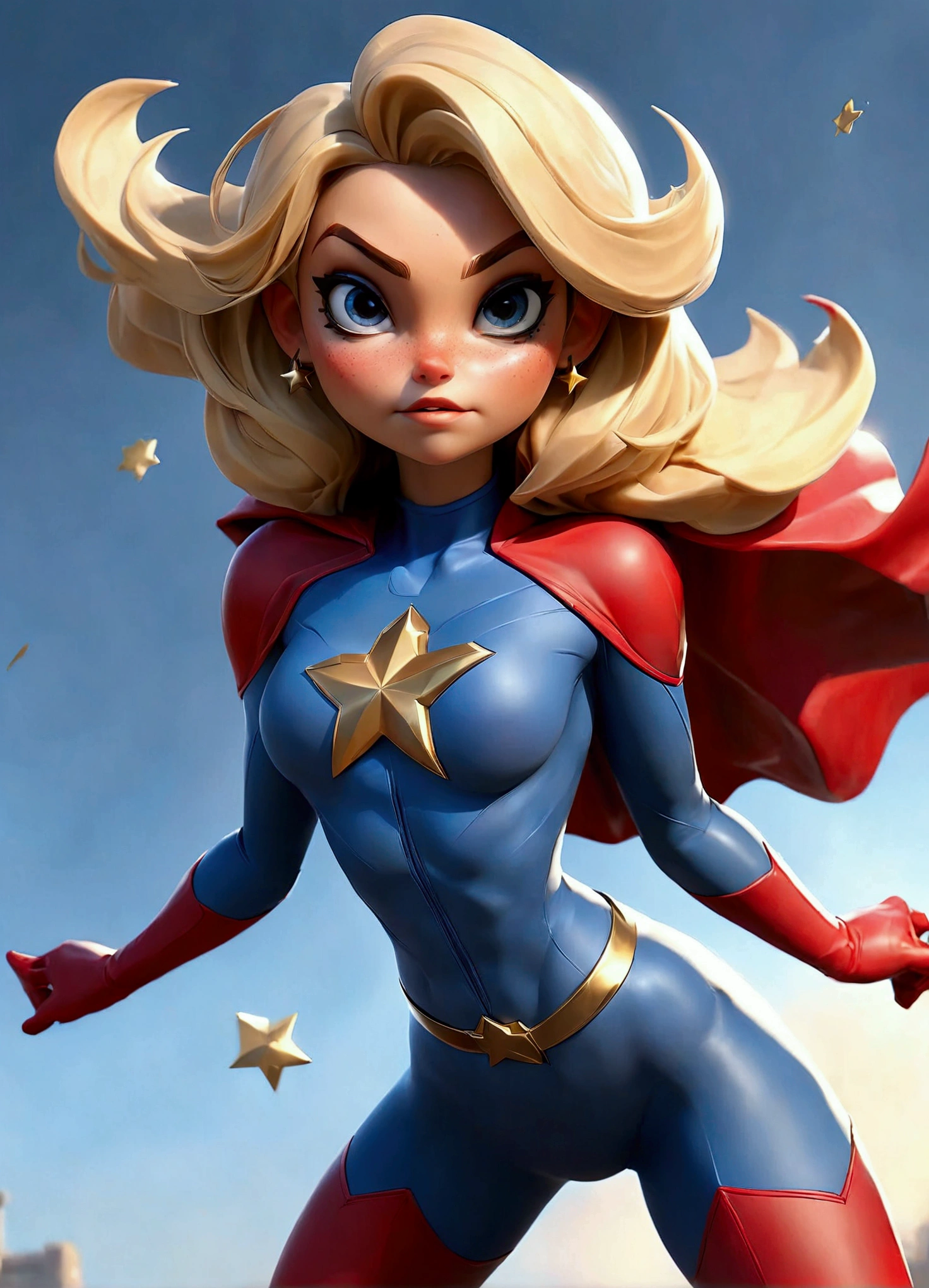 a woman (Stargirl as superhero suit )) (Best quality, high resolution: 1.2), Ultra-detailed, (Realistic: 1.37) brunette, medium blonde hair, blue eyes, with black glasses round small chest, 30 years, full body, ((( big boobs sexy))) logo of star  head to toe full body fit picture pose of dance