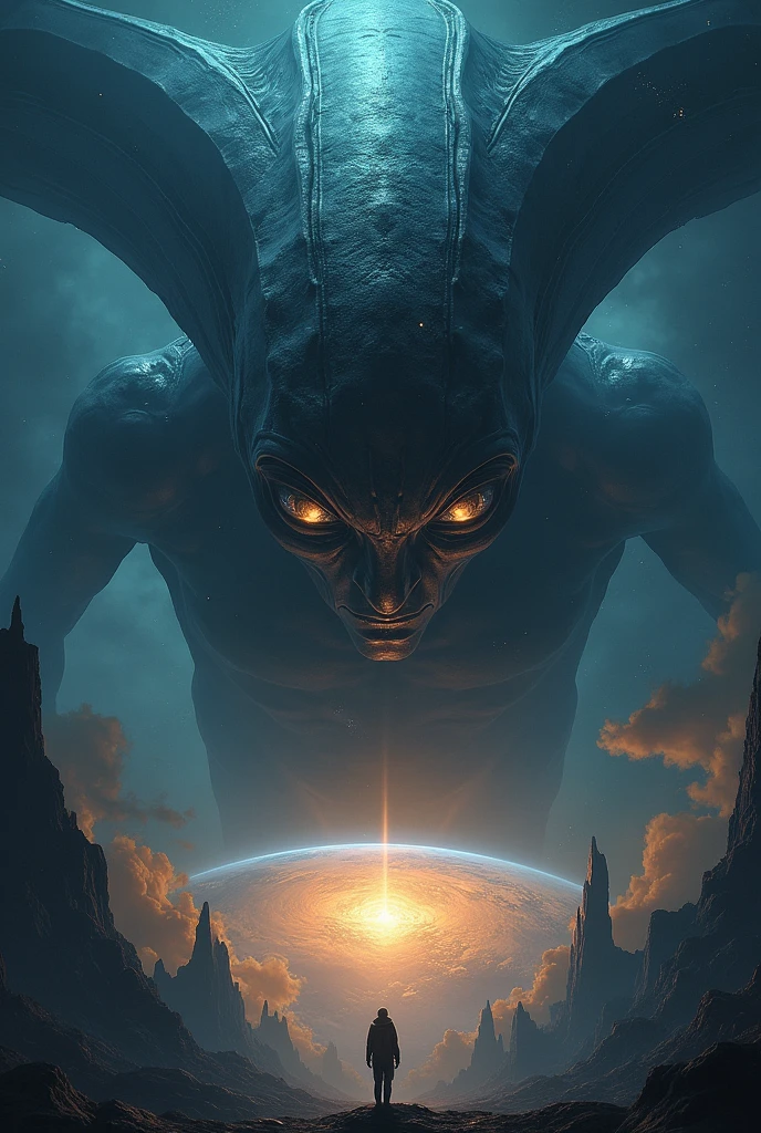 An extraterrestrial being from a distant galaxy, far away，Displaying impressive supernatural abilities，This entity is shrouded in an aura of mystery and power.，Giving off blinding energy and distinctly non-human characteristics。Its sharp eyes gaze down at the land，Absorb the complexity of human culture and life。Against the backdrop of this scene is a vast, Dark cosmos and mysterious alien structures.，The dark backdrop further highlights the alien's strangeness and immense size.，The tiny Earth is illuminated，Revealing its beauty and diversity，This alien is unlike any lifeform on Earth，，，The edges are uneven，unique structure，As if there is life
