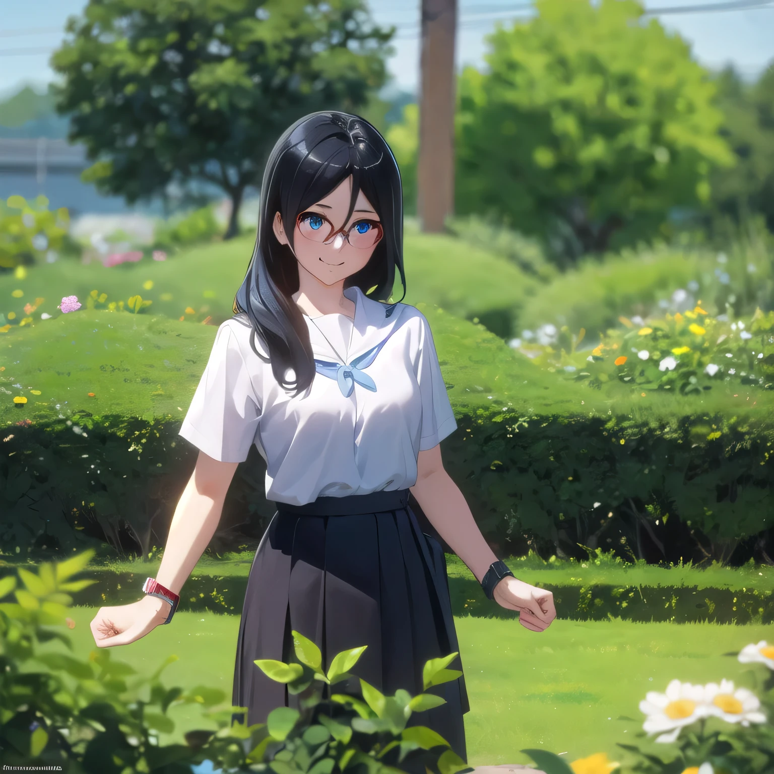 คุณภาพดีatสุด, Masterpiece, high resolution, alone, {Thanaka_Asuka_euphonium sound:1.15} (garden:1.13), , black_hair, long_hair, glasses, light blue_eyes,  red frame_glasses, beyond the edge_glasses, semi borderless_glasses, hair_between_eyes, 1 woman,  watch_at_ผู้watch, smile,  (Thai High School Uniform),white short sleeve shirt,(กระโปรงlongจับจีบblack:1.2),