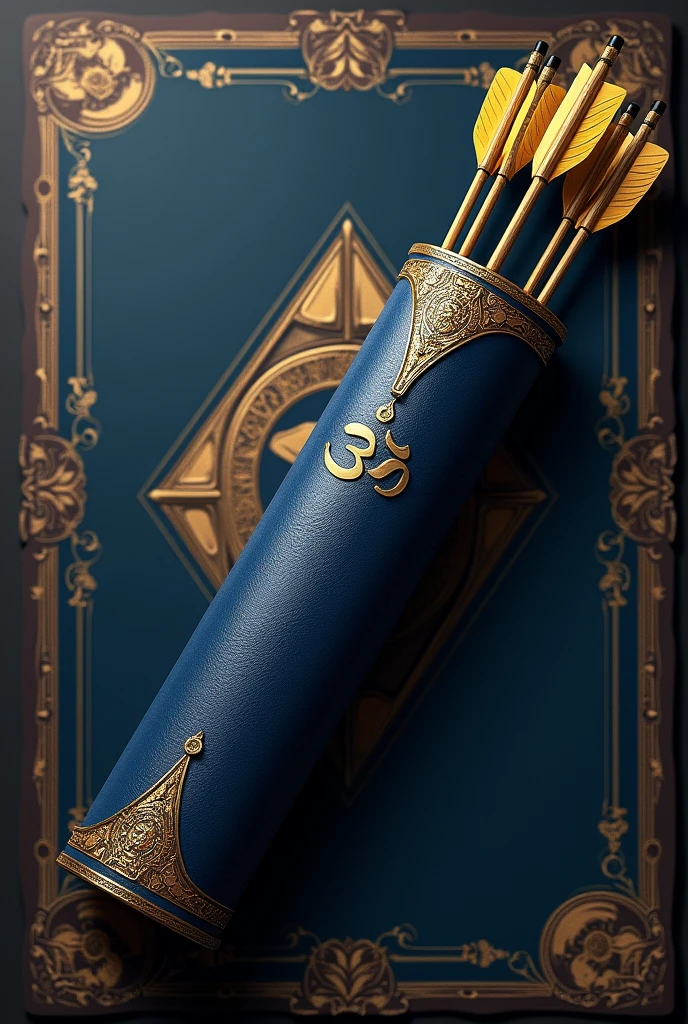 Epic quiver and few (4-6)arrows inside it. Quiver should be long in length and dark blue in color. It should be engraved with "Om" in golden and should be slightly tilted The background should be epic, like for a legendary playing card with borders