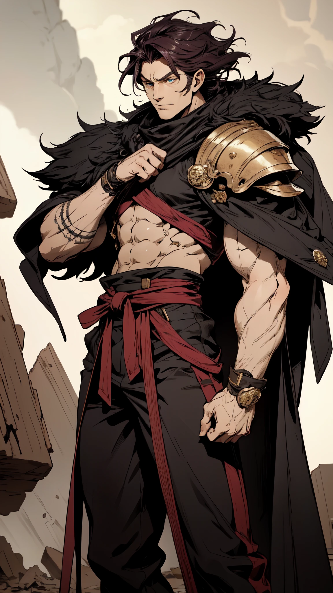 (masterpiece:1.2, best quality:1.2, extremely delicate:1.2), a middle-aged man, wild disheveled long hair streaked in red and black, a rugged and imposing face, a lightning-shaped tattoo on the left side of his face, sharp eyes, a confident smile, a tall and muscular build, a fantasy martial arts-style short-sleeved coat, form-fitting scale armor underneath, a black fur shawl drapes over his shoulders, wrist guards, matching canvas trousers, stands majestically on shattered ground, surrounded by floating debris, this character embodies a finely crafted fantasy martial arts-style overlord in anime style, exquisite and mature manga art style, dramatic, high definition, highres, ultra-detailed, ultra-fine painting, professional, perfect body proportions, golden ratio, anatomically correct, symmetrical face, extremely detailed eyes and face, high quality eyes, creativity, RAW photo, UHD, 32k, Natural light, cinematic lighting, (masterpiece-anatomy-perfect:1.2)