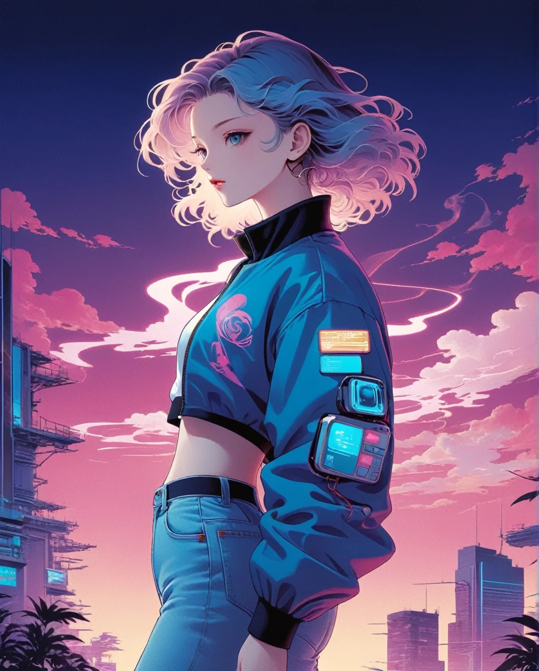Art style by Yoshitaka Amano, Art style by Takato Yamamato, Art style by Ayami Kojima, (Masterpiece, Top Quality, Super Detail, High Resolution, Best Illustration), 1990s (style), 1980s (style), retro art style, Highest image quality, 90s style anime, Create a portrait of a 90’s anime-style character with half-cyborg features, set in a vaporwave-inspired environment. The character should be wearing iconic 90’s fashion like a bomber jacket, ripped jeans, and platform sneakers. Their robotic parts, like a mechanical eye or arm, should be integrated with a sleek, futuristic design. The background is filled with vaporwave elements—glitch effects, retro computers, and tropical imagery—blended with neon colors and city pop vibes. The artwork should feel like a nostalgic journey into a retro-futuristic world.