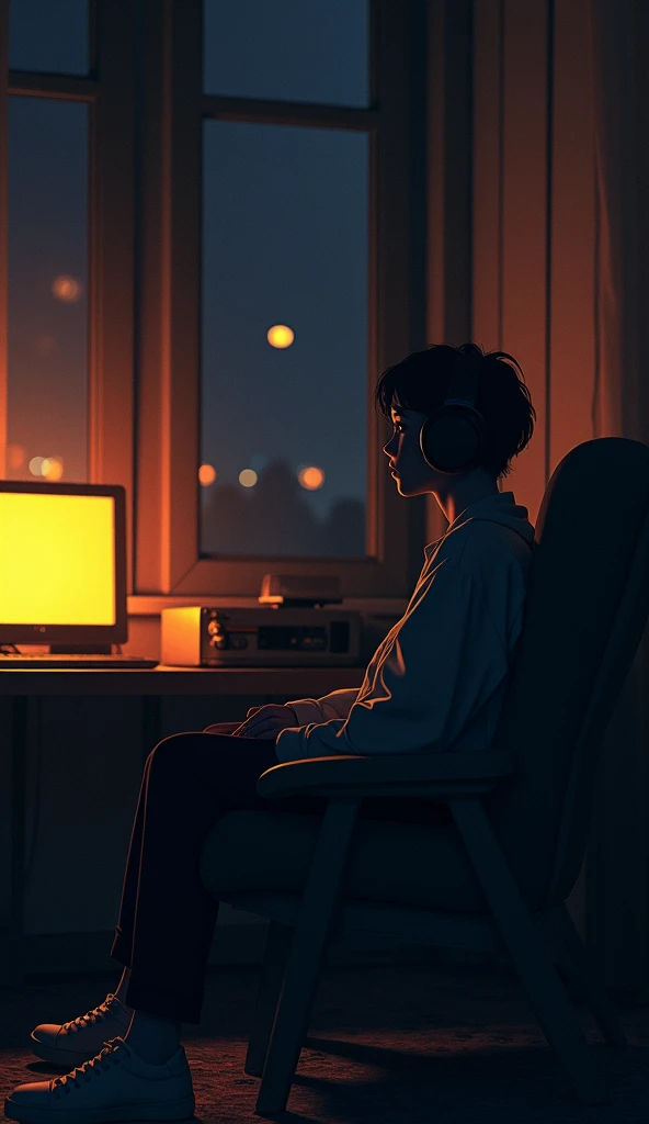 night、Listen to music in a cozy room, Using headphones, 2D-style animation, Lo-Fi, hard disk, Dark Environment, Highest quality, Warm lighting