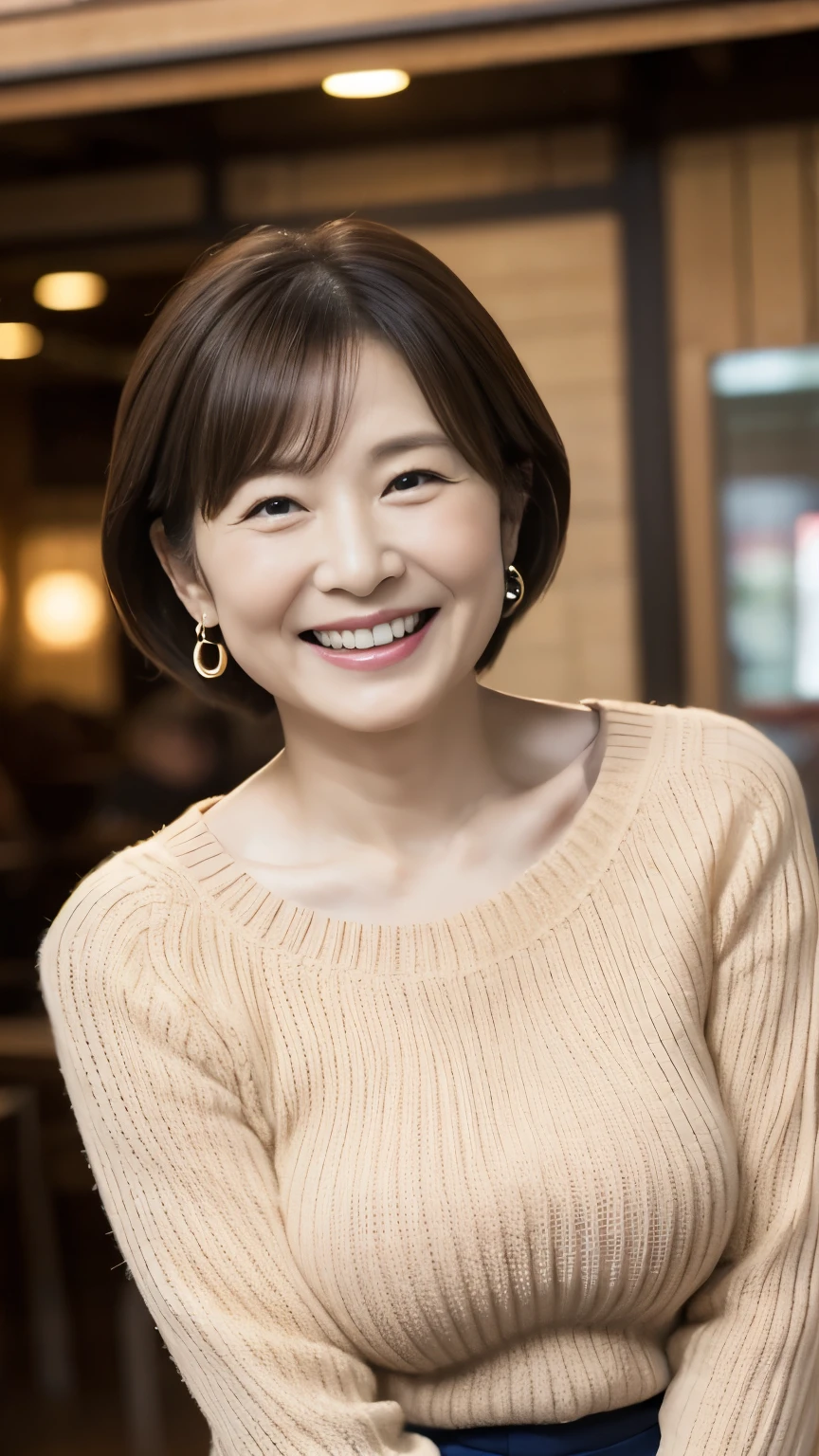 Osaka's aunt、Organic Photography、Highest quality、masterpiece、Ultra-high resolution、Beautiful Japanese old lady、60 years old、Looking at the audience、Elegant face、Smiling with teeth showing、Big Breasts、Wearing a plain short-sleeved knit、Short Hair、mini skirt、Earrings、A corner of a coffee shop, Background Blur
