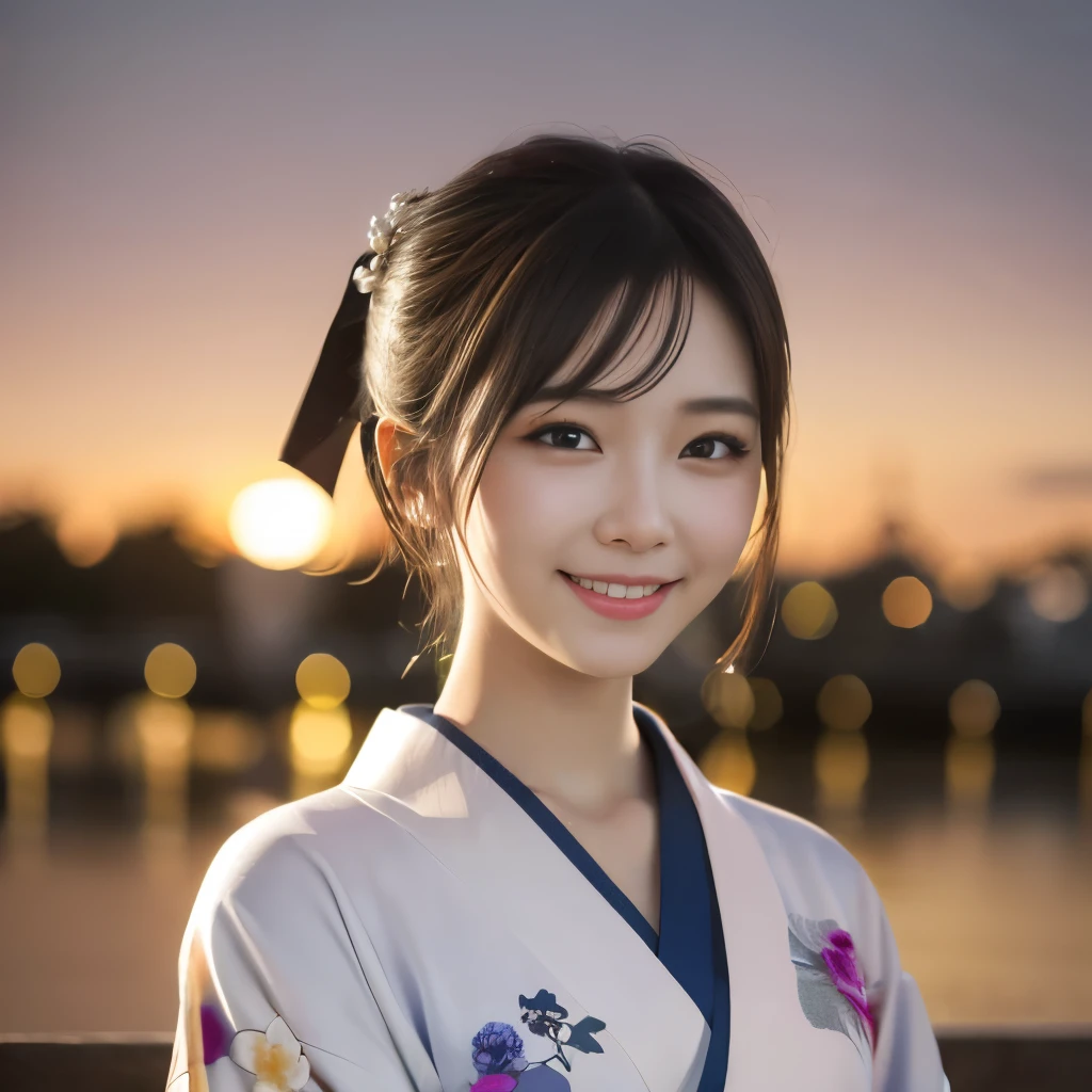 Looking into the camera,(((Highest quality, 8k, masterpiece))), Sharp focus, (Beautiful woman with perfect figure), thin, (Hairstyle: wonderful)), ((kimono: Cane)), street: 1.2 非常に詳細な顔と肌の質感 詳細な目 double eyelid ランダムな姿勢, (smile),swonderfuler cute Japan person,swonderfuler beauty Japanese girl, Realistic Face, double eyelid,smile,Summer festival , At sunset , Beautiful Teeth , Fireworks Background、Show me your breasts、
