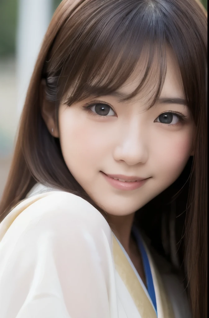 best quality, face focus, soft light, ultra high res, (photorealistic:1.4), RAW photo,(Shinozaki Ai), white skin, kawaii, 1 Japanese girl, solo, cute, (smile), (pupil, lights in the eyes),  detailed beautiful face, Medium-sized breasts,(high resolution detail of human skin texture),(long hair),(portrait), white traditional kimono, A photo with a face up