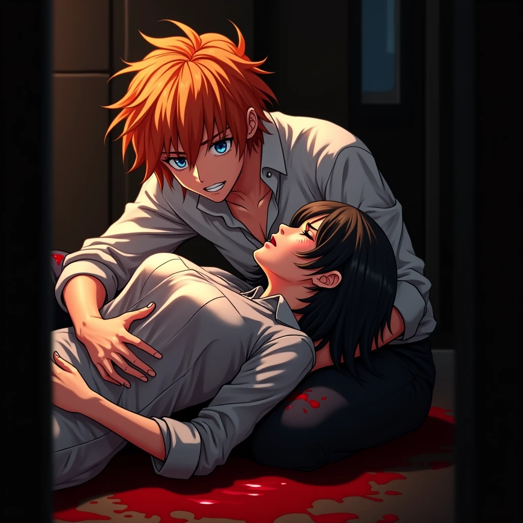  
2 people, handsome guy with orange hair, blue eyes, crying, holds a woman with very short black hair on her lap, eyes closed, Unconscious, a lot of blood, all in blood anime art, realistically, masterpiece, Beautiful, realistically, clothes covered in blood
