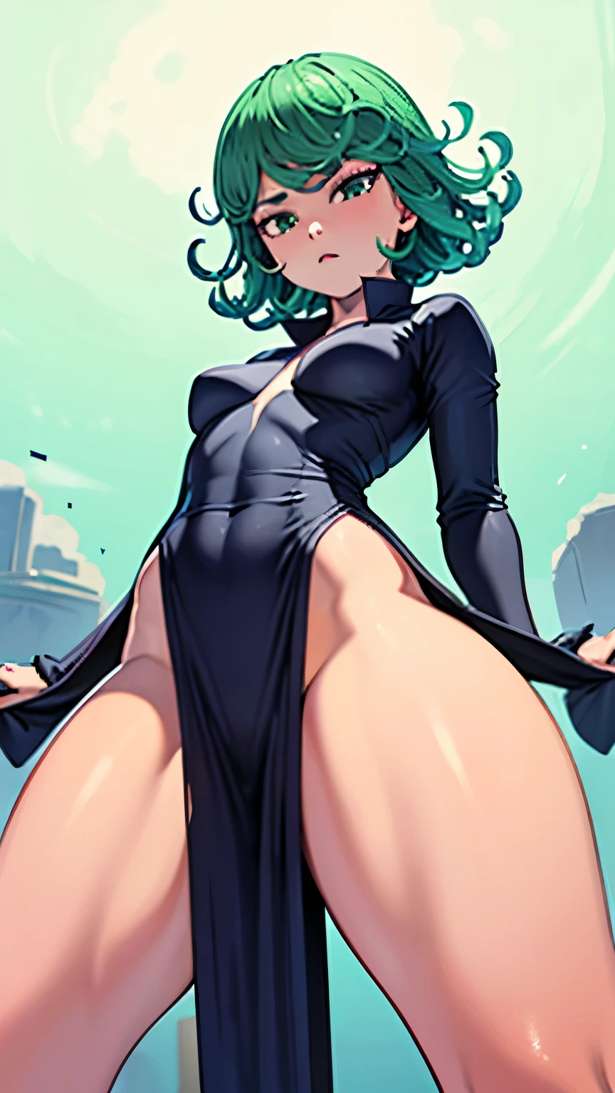 NSFW, Masterpiece:1.2, Best Quality), realist, (real image, intricate details, depth of field), (1 girl, Alone), Very detailed, Perfect face, Tatsumaki with extra tight dress, Tatsumaki face, Detailed face, Micro dress, Chinese dress QIPAO, Micro QIPAO, micro bra, sexy tail cap, Nsfw , Hands on waist, point of view from below, Closed mouth, wide waist, sexy abdomen, thick thighs, wide and sexy waist, Opening the legs ,Micro loincloth, very low-rise loincloth, sexy thighs
