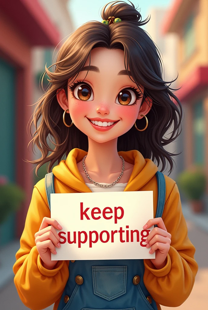 a beautiful and cute woman holding a sign "keep Supporting ", happy, happy, animated illustration, photorealistic, oil painting, detailed oil painting portrait 
