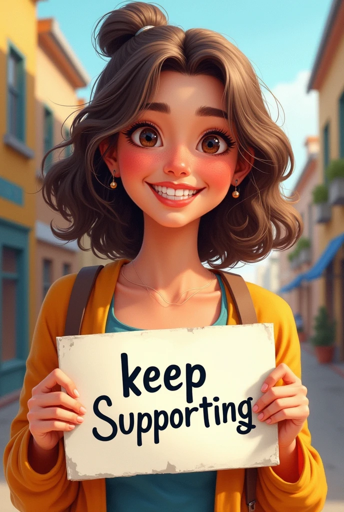 a beautiful and cute woman holding a sign "keep Supporting ", happy, happy, animated illustration, photorealistic, oil painting, detailed oil painting portrait 