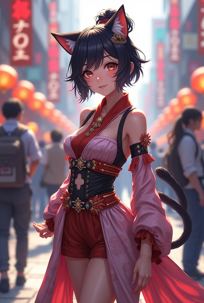 An anime-inspired catgirl cosplayer dressed in a stylish and elaborate outfit that combines elements of traditional Japanese fashion with modern anime aesthetics. The character has a confident pose, with her cat ears and tail adding to the charm. The background features a bustling convention setting with other cosplayers, capturing the vibrant energy of an anime convention.