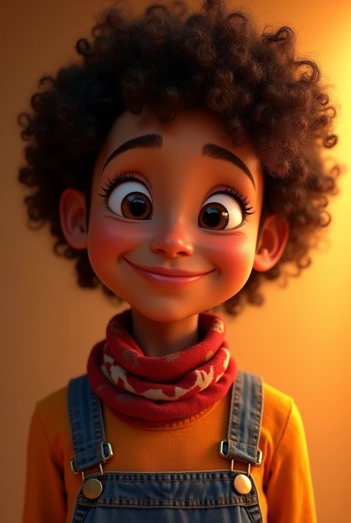 a close up of a person wearing overalls, disney concept art :: nixri, Zendaya, mexican cowboy, detailed realistic smiling faces, color palette is dark orange, scarf, image on the store website, Incredibly realistic, very short curly hair, exploitable image, sony produced, incredibly cute 3D 32K luminiscencia UHD ultrarealistic photo Kodak rendered with high tone colors and graphics