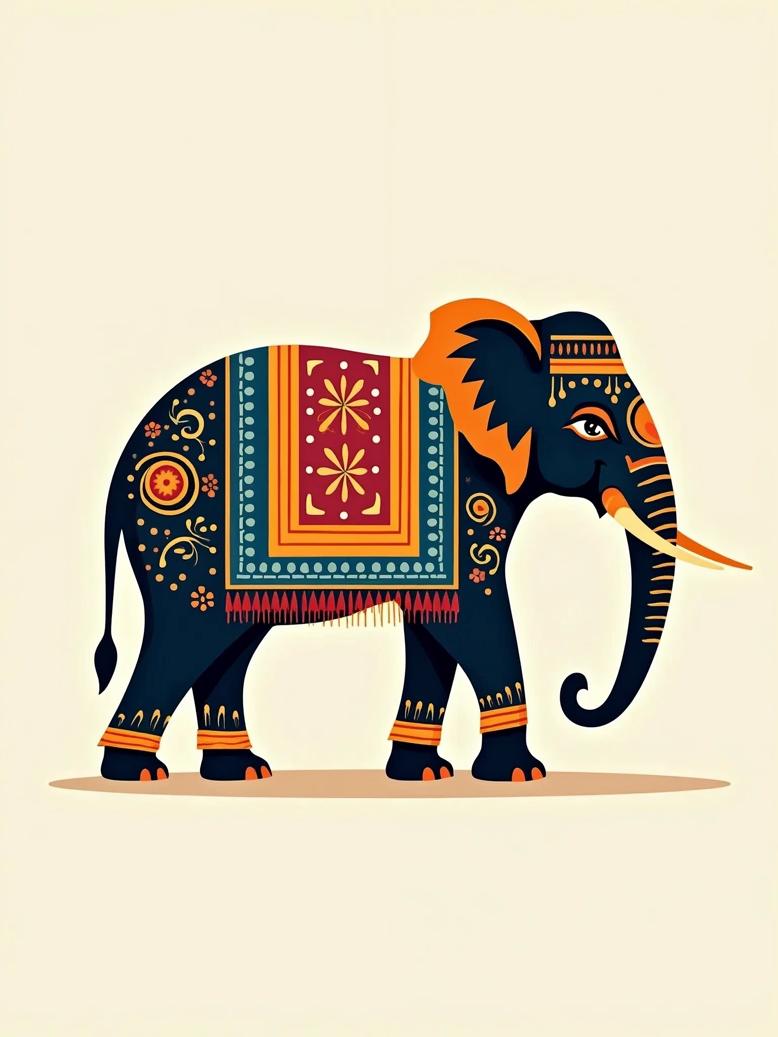 abstract vector image of an indian ethnic style elephant, side profile, colourful, minimal elephant, royal indian style, to be used in a logo