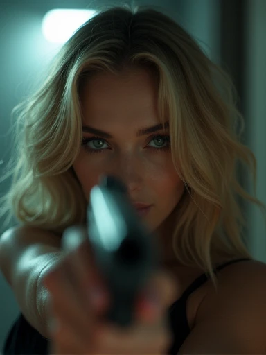(Masterpiece.UHD.photo realistic) An ultra hot gorgeous European woman. French. Blonde.Age 23. Cleavage.curvy body.she’s aiming a gun to the viewer.Horror movie. Dramatic light.spooky scenery.