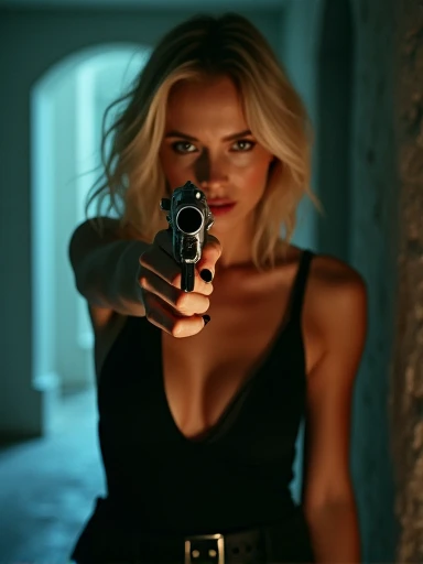 (Masterpiece.UHD.photo realistic) An ultra hot gorgeous European woman. French. Blonde.Age 23. Cleavage.curvy body.she’s aiming a gun to the viewer.Horror movie. Dramatic light.spooky scenery.