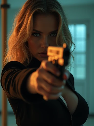 (Masterpiece.UHD.photo realistic) An ultra hot gorgeous European woman. French. Blonde.Age 23. Cleavage.curvy body.she’s aiming a gun to the viewer.Horror movie. Dramatic light.spooky scenery.