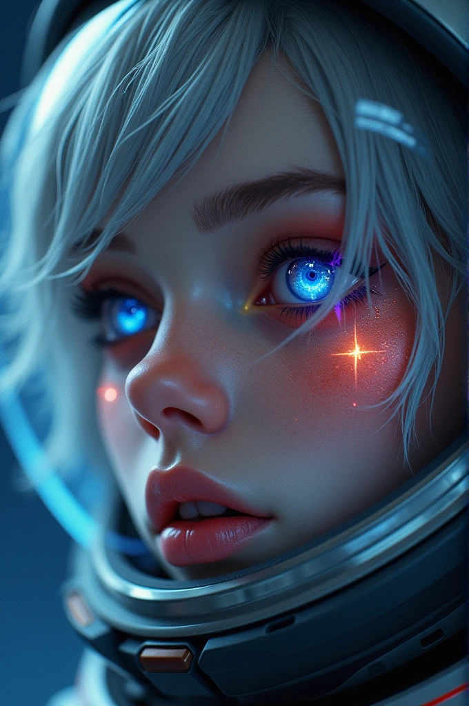 (Close-up of a better masterpiece:1.5)0.9], (Space and astronauts:1.2) (Messy silver hair:1.1) (Heterochromia xanthochromia and blue eyes:1.2) (Space Helmet:1.0) (Colored stars in the eyes:1.0) (A radiant glow:1.1) (thick lips:0.9)
