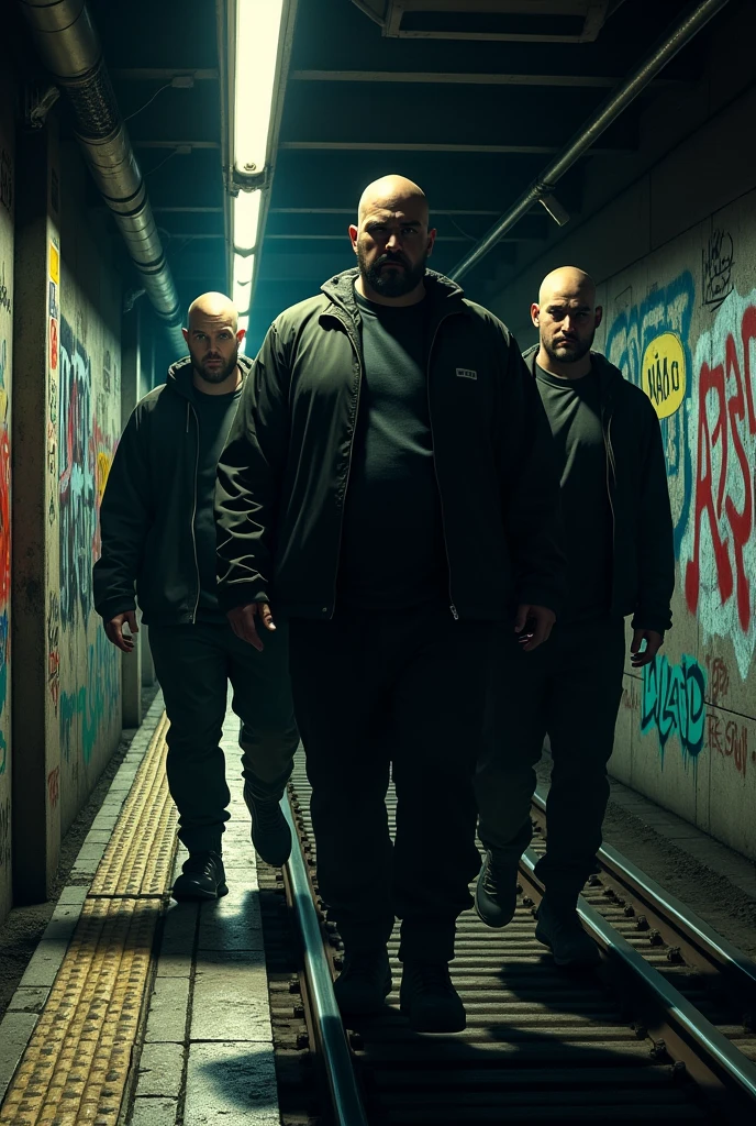 Dark subway tracks, 90s with graffiti, 3 bald men walking with their faces obscured, one of them must weigh over 120 kilos, saying MAD RED on some wall and final stop somewhere
