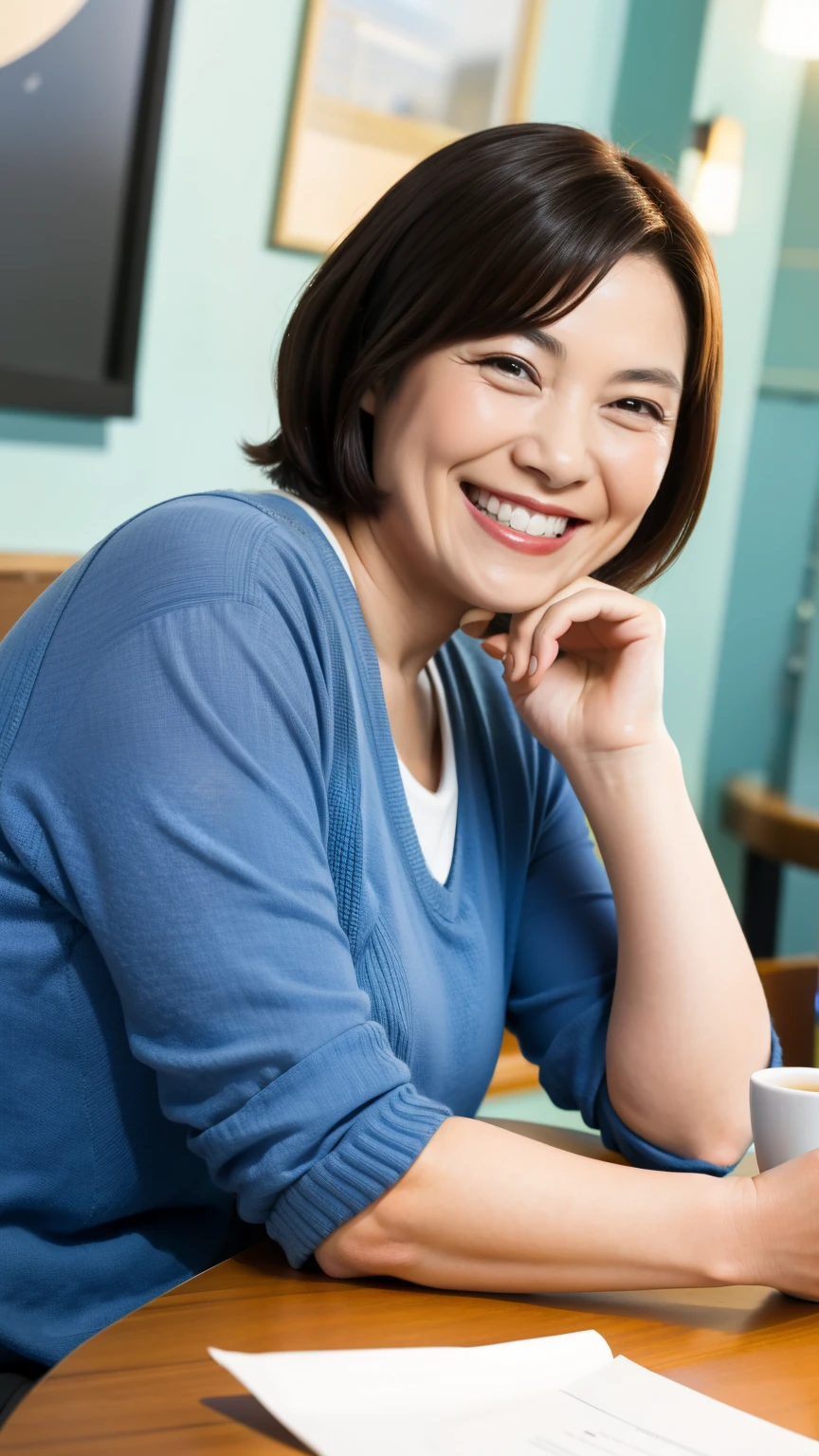 8k wallpaper, masterpiece, Highest quality, Very detailed, One Mature Woman, 50 years old, Become very clear, Wearing a short-sleeved knit, Skin dents, Captivating smile, Looking at the audience, No lapel microphone, Plump, Curvaceous, Attractive face, Smiling with teeth showing, I was happy, sitting in a cafe, Background Blur