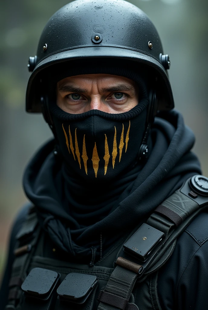 A man in a black balaclava with a large golden claw drawing on his face. A military black helmet on his head. He is looking into the frame
