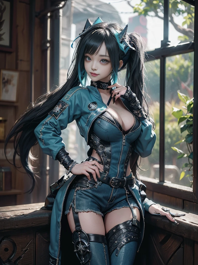 (Full Body View:1.4)、(Side view:1.1)、(Smiling with teeth showing:1.3),(Shibuya Gal:1.5)、(Playboy actress:1.5)、(Punk RockVisual Kei:1.4)、(Turquoise, navy and denim medieval noble zip up:1.5)、(Navy and white arm covers and bugle pants:1.5)、(Blue high heels:1.3)、(Wearing silver accessories:1.5)、(Dark brown collar:1.4)、(Leather garter belt:1.4)、(Brown Skin Belt:1.3)、(Black lace underwear:1.5)、20-year-old、NSFW、((Highest quality、In 8K、masterpiece:1.3))、Sharp focus:1.2、(Layered Cut、Huge boobs:1.1),Beautiful woman with perfect figure:1.4、(Doing an aerobics pose:1.3)、Slender Abs:1.2、Highly detailed face and skin texture、Detailed eyes、double eyelid,(Twin tails:1.3)、(Black Hair:1.3)、Gravure idol、(A fairytale-like cafe with a lush tree background:1.3)、(Slim Body:1.3),(Make your legs thinner:1.4),(Thin, thin thighs:1.3)、(clavicle:1.1)