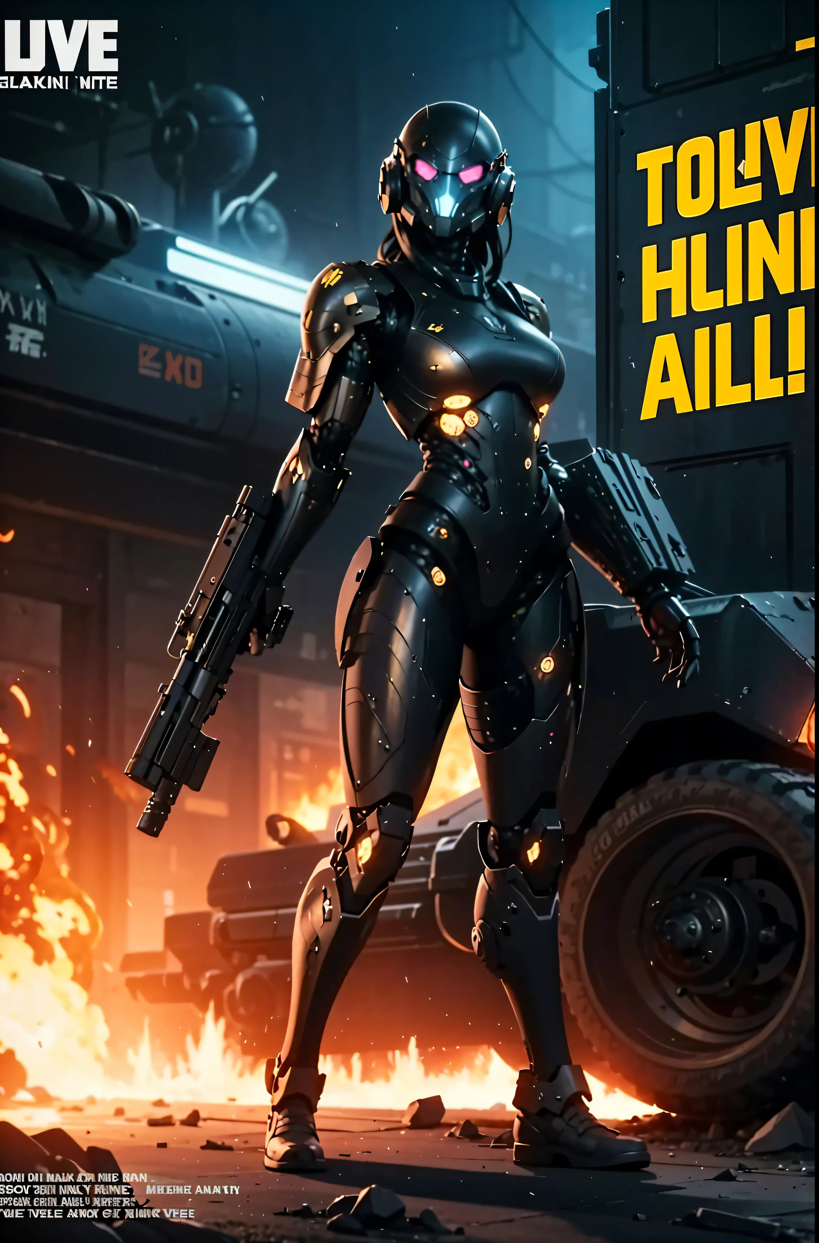 Armored tank and Lovecraftian gal, huge tank military style, キャタピラ, sexy cyborg body part, gal lift up tank and moving, magazine cover, poster art , Lovecraftian creative creatures, hint of vibrant, bold huge text, matted design layout. technological elements, cosmic dread, noise background