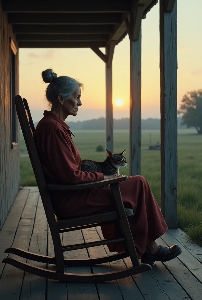 sad lady in her 70s with gray hair tied into a bun on top of her head sitting on the porch in a rocking chair on the farm at dusk with a cat on her lap
