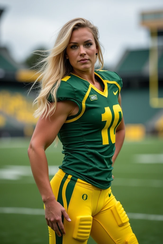 A photo of Morgan Archer, a quarterback for the female Oregon Ducks football team. Number 10. Showing off her big . blonde hair
