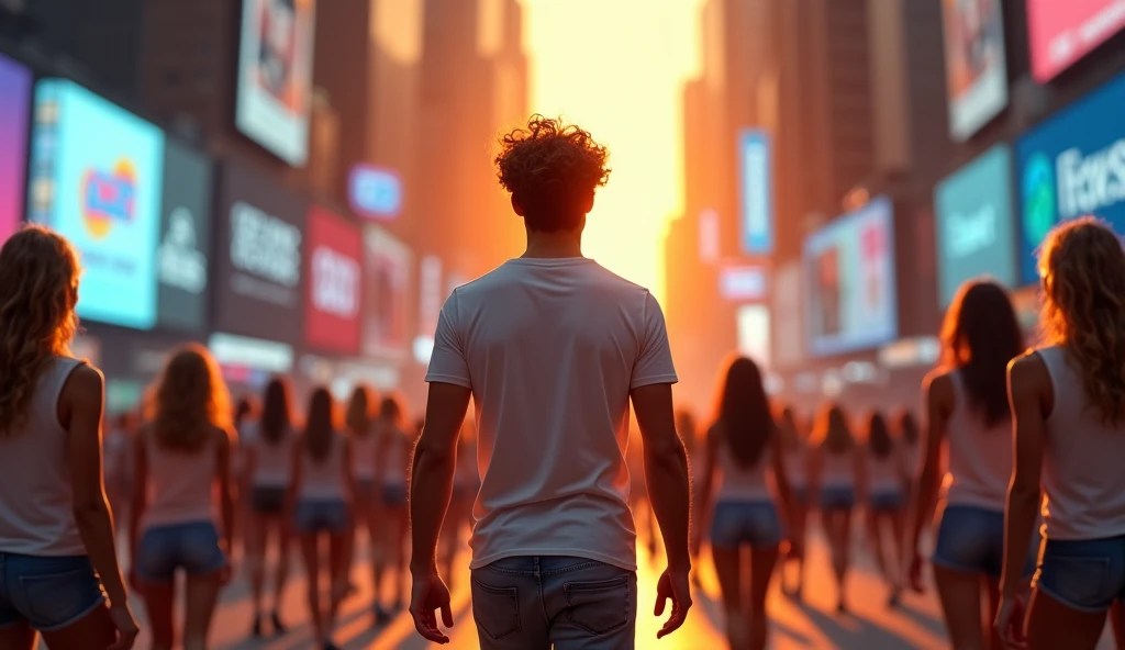 Create an image of a handsome man walking confidently on a busy street in Times Square, USA. The man has curly hair and is casually dressed in jeans and a t-shirt. The scene is set outdoors during an orange-hued sunset, with soft lighting casting a warm glow over the surroundings. The man walks with a relaxed yet purposeful stride, with intricate details visible in his clothing and hair.
The background should be vibrant, focusing on a blue color palette featuring neon signs and billboards. The street is crowded with numerous young women wearing sleeveless t-shirts and shorts, casually wandering around the man. The image should highlight the bustling, energetic atmosphere of Times Square, with the man as the central focal point. The overall scene should be realistic, showcasing intricate details and vibrant colors, with a clear emphasis on the contrast between the cool blue tones of the city and the warm orange hues of the sunset. Ensure there are many girls in the scene, all wearing shorts and sleeveless t-shirts, adding to the lively, crowded setting.”