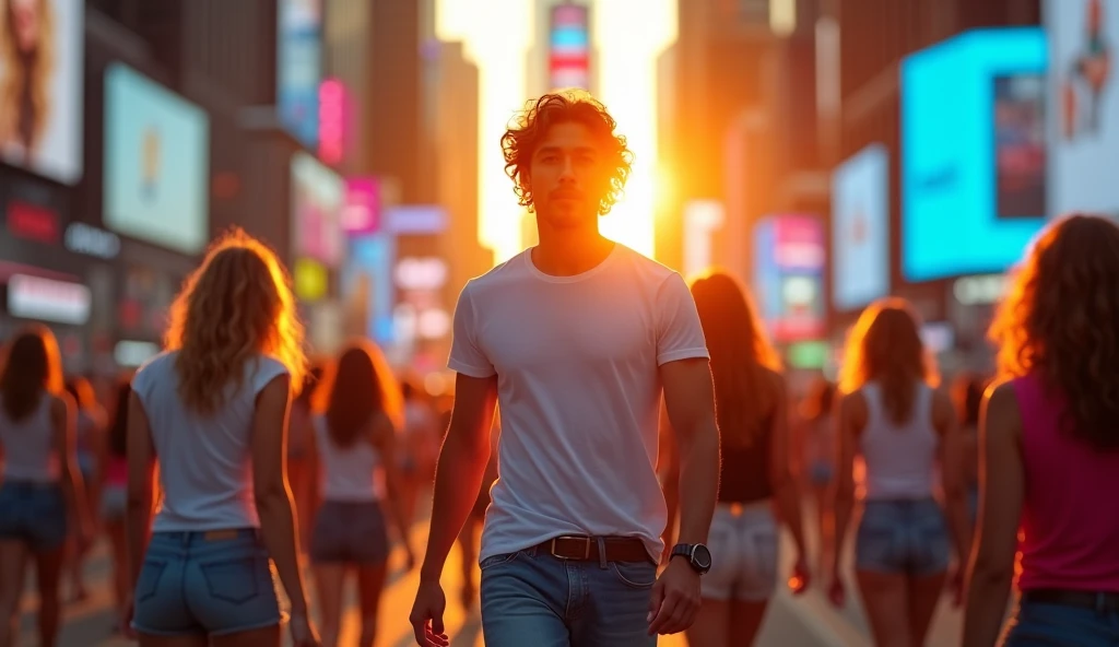 Create an image of a handsome man walking confidently on a busy street in Times Square, USA. The man has curly hair and is casually dressed in jeans and a t-shirt. The scene is set outdoors during an orange-hued sunset, with soft lighting casting a warm glow over the surroundings. The man walks with a relaxed yet purposeful stride, with intricate details visible in his clothing and hair.
The background should be vibrant, focusing on a blue color palette featuring neon signs and billboards. The street is crowded with numerous young women wearing sleeveless t-shirts and shorts, casually wandering around the man. The image should highlight the bustling, energetic atmosphere of Times Square, with the man as the central focal point. The overall scene should be realistic, showcasing intricate details and vibrant colors, with a clear emphasis on the contrast between the cool blue tones of the city and the warm orange hues of the sunset. Ensure there are many girls in the scene, all wearing shorts and sleeveless t-shirts, adding to the lively, crowded setting.”